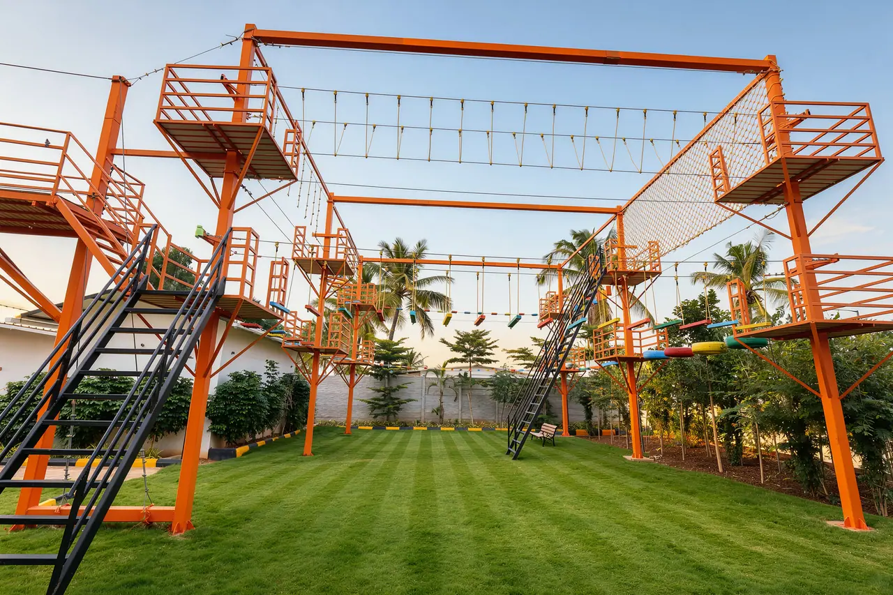 The high rope course on the lawn at Sree Raaga Resorts