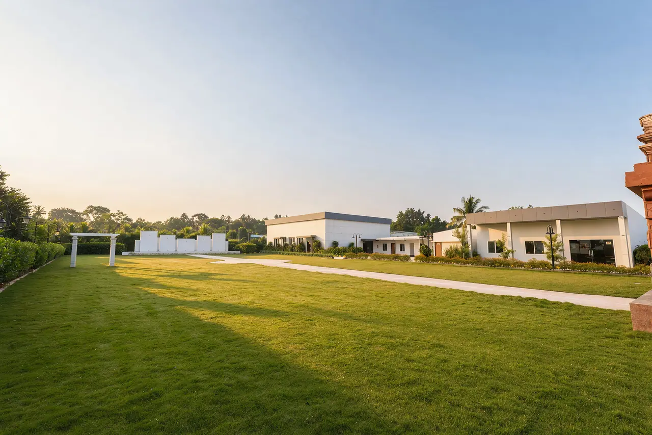 The open landscaped event lawn at Sree Raaga Resorts on a clear day