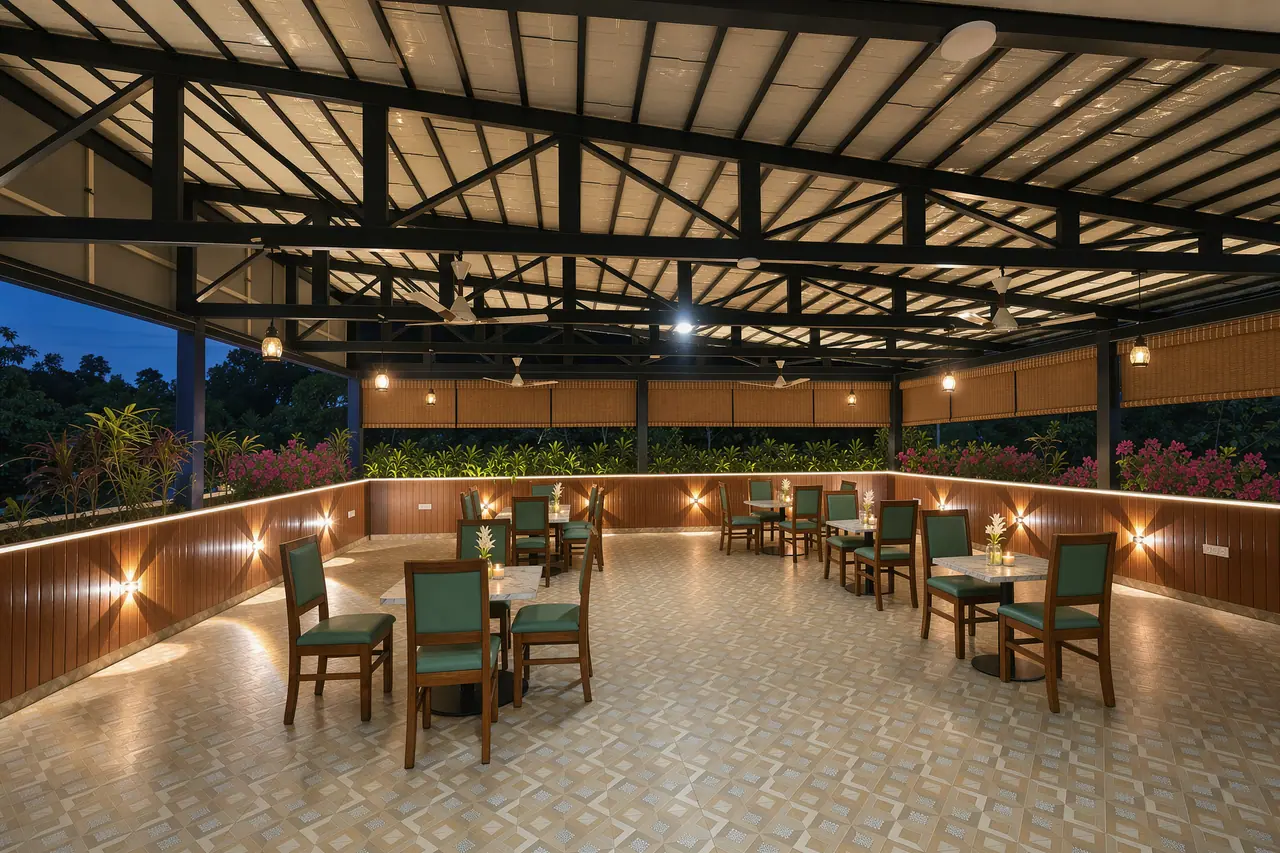 Open-air rooftop terrace dining under a lit steel canopy