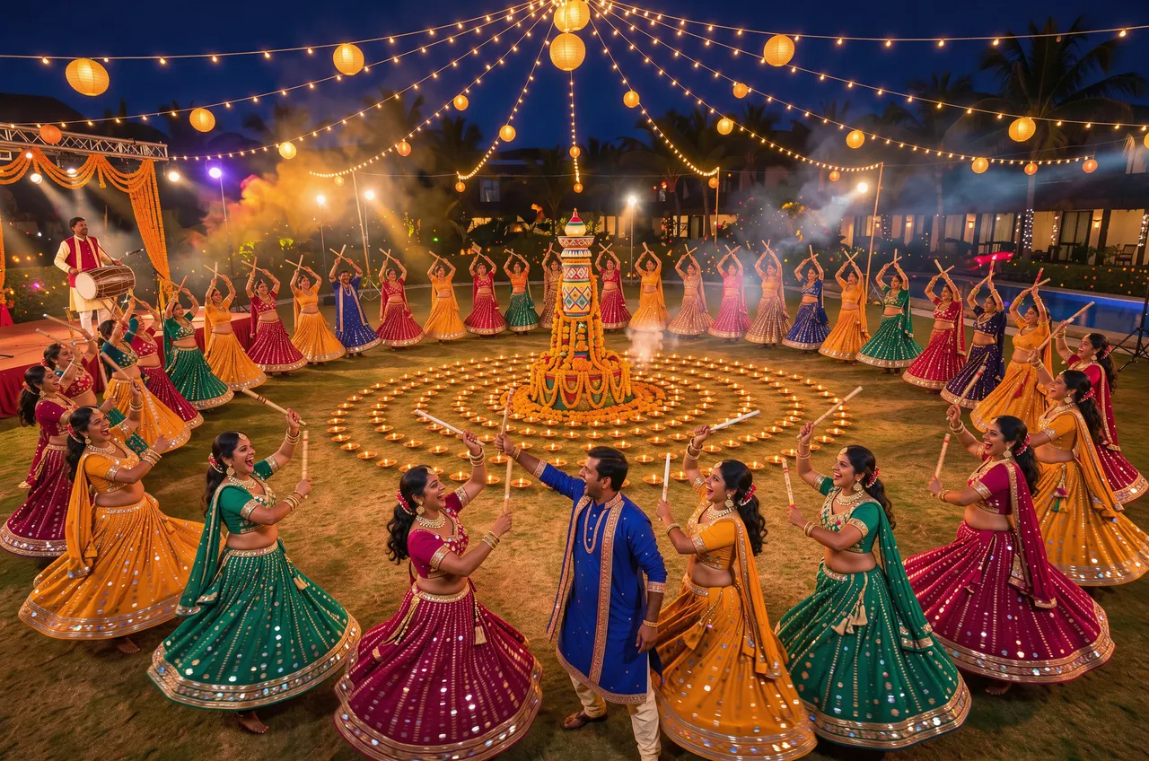 Dancers in colourful chaniya choli and kediyu raise dandiya sticks in a circle on a lawn at night, edged with marigold flowers and lit clay diyas under warm string lights
