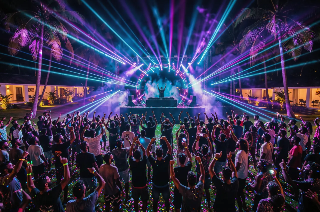 Neon blue, violet and magenta laser beams fan out above a DJ booth on a palm-lined lawn at night, with a crowd gathered in front of a long, low white building lit warm gold