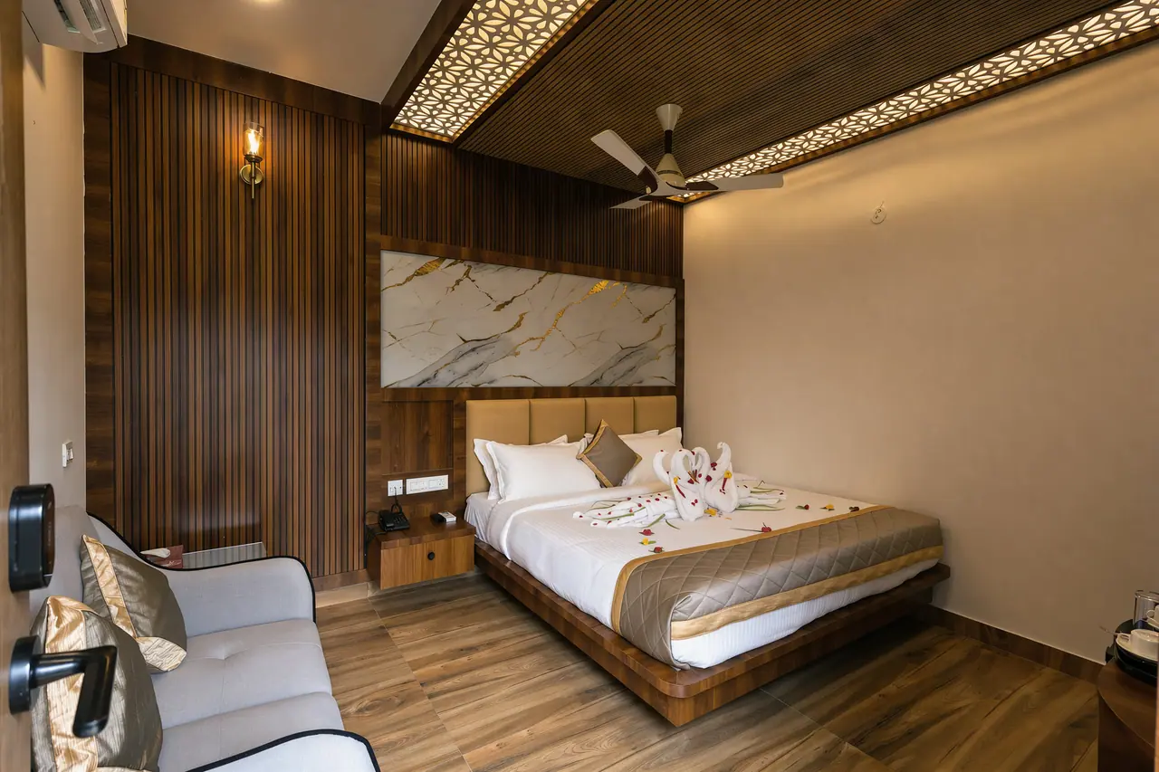 A luxury villa bedroom at Sree Raaga Resorts