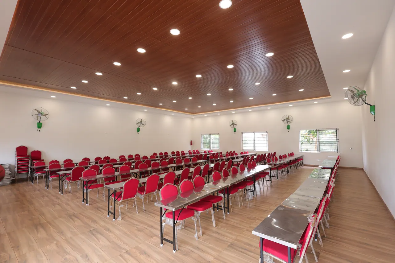 The banquet hall at Sree Raaga Resorts laid out in conference seating for a corporate session