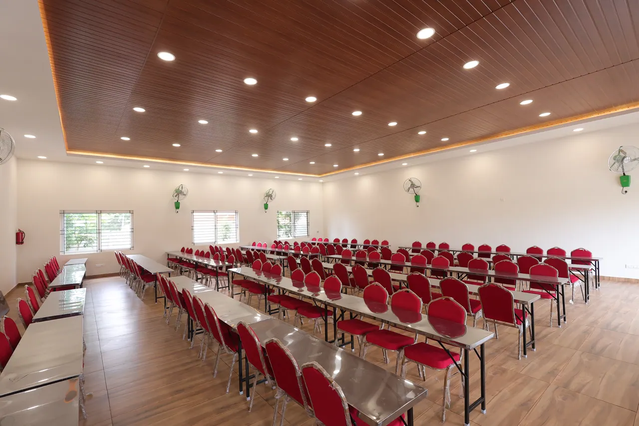 The grand banquet hall at Sree Raaga Resorts laid out in theatre-style rows of seating