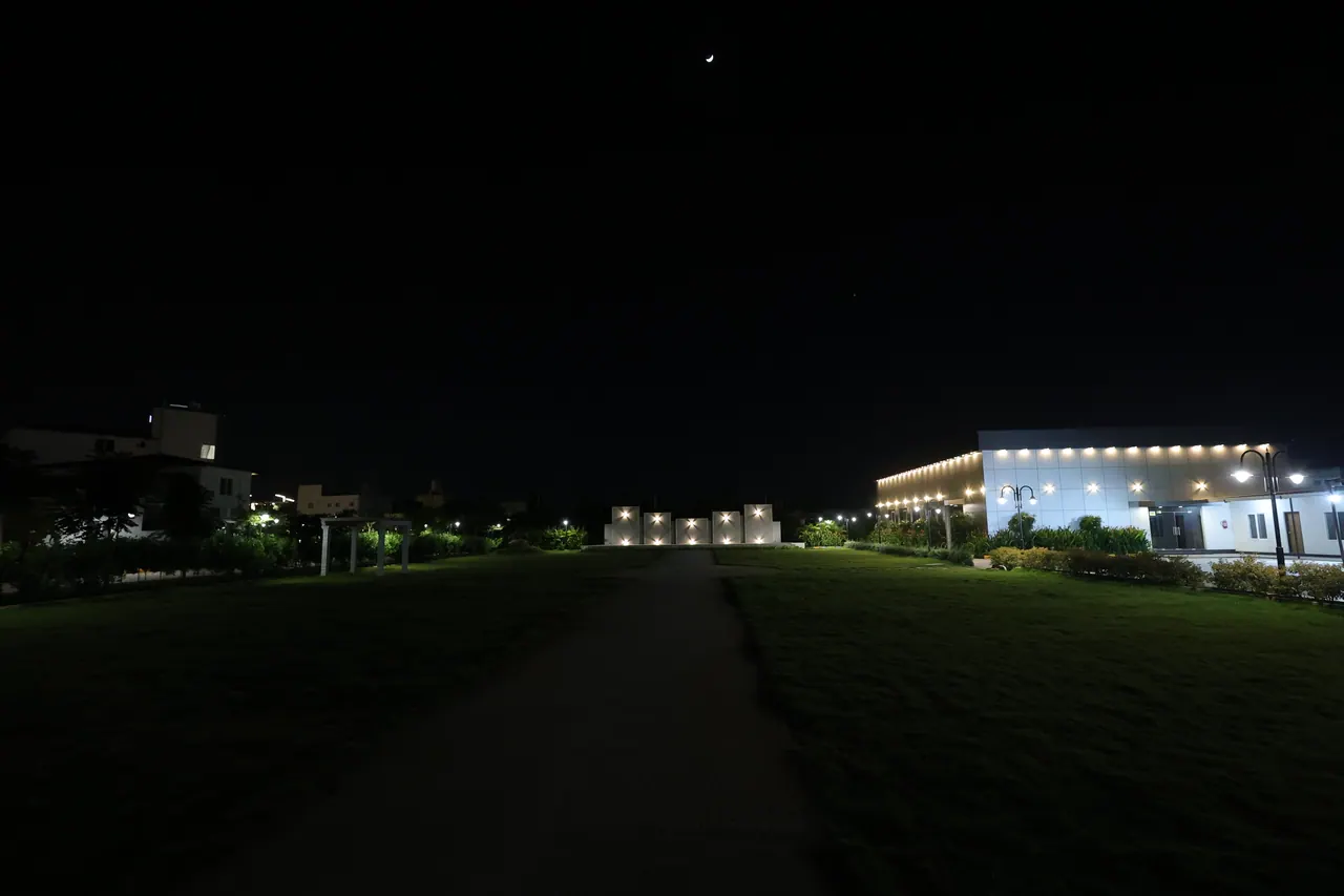 The event lawn at Sree Raaga Resorts lit for a function at night