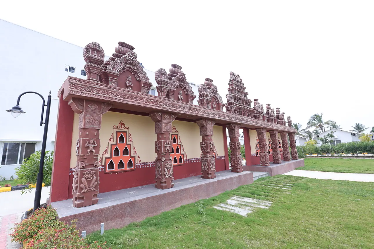 The carved stone facade of the temple on the resort grounds