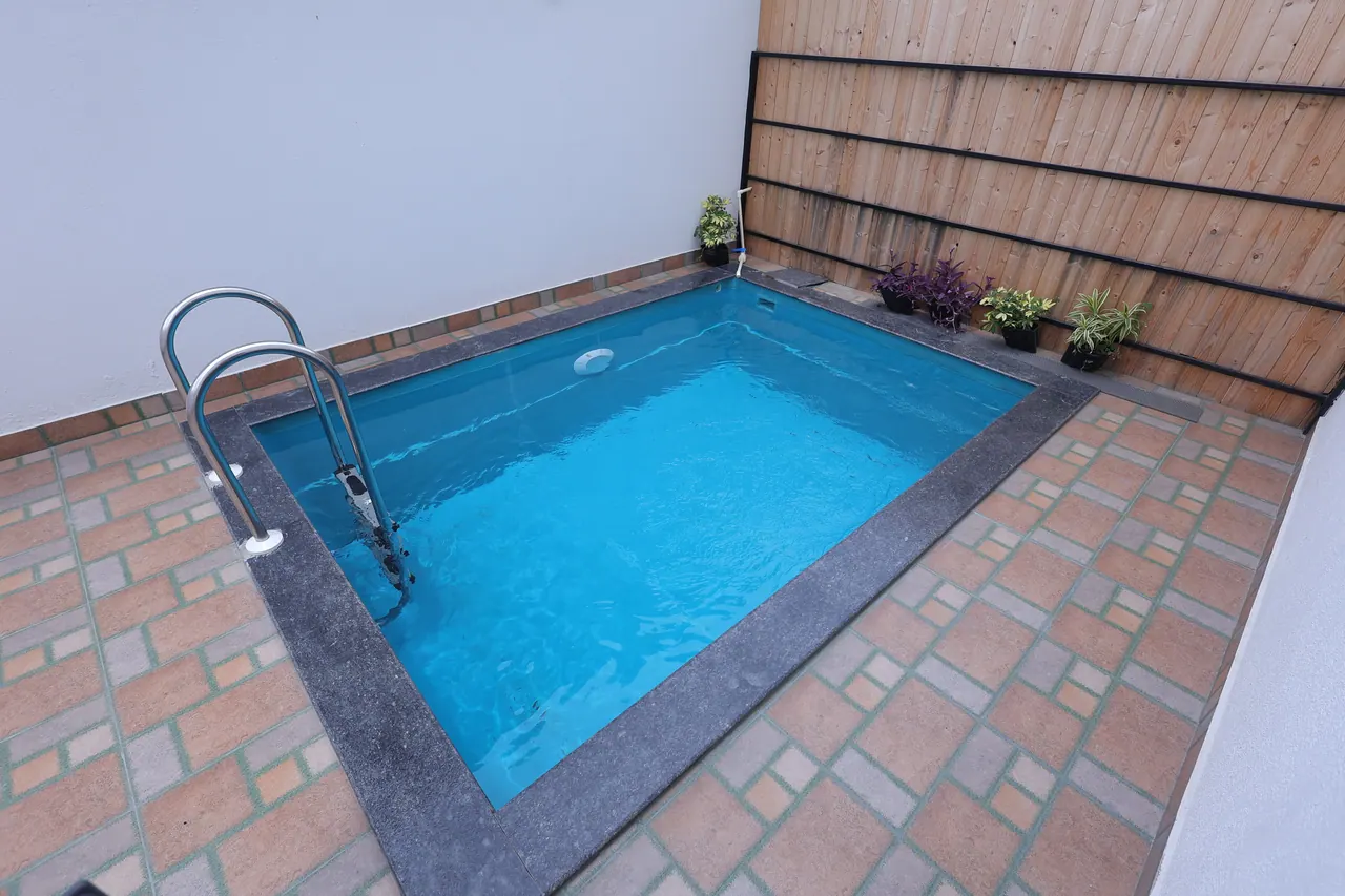 A small private plunge pool with a stainless ladder, dark granite coping and brick-paved deck