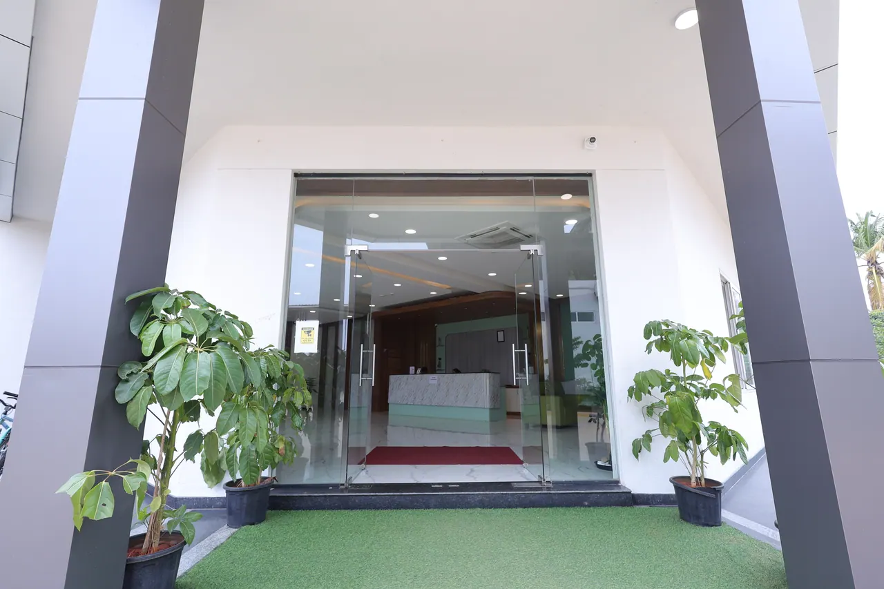 The reception building entrance at Sree Raaga Resorts in daylight