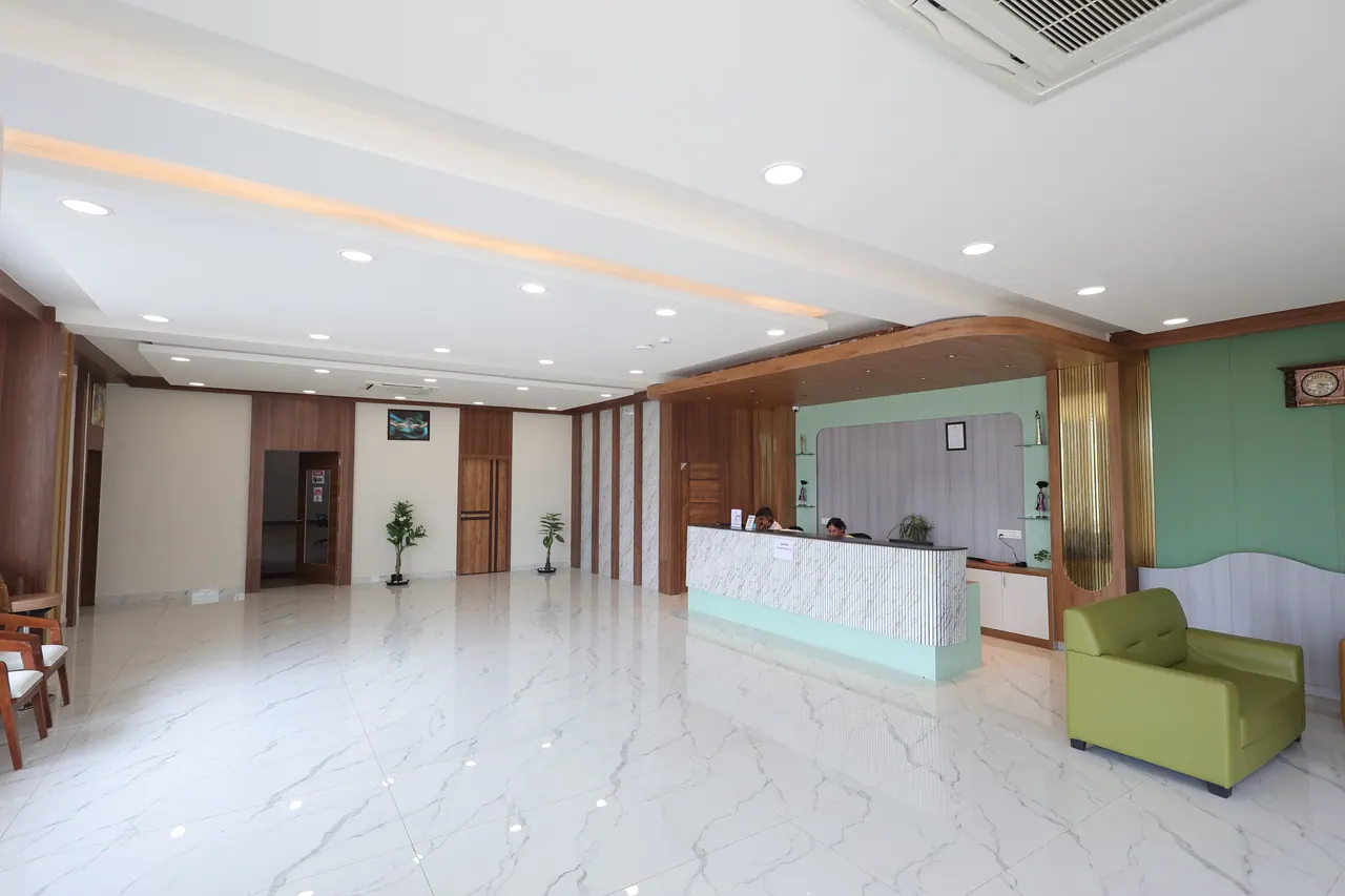 The reception desk and lobby at Sree Raaga Resorts