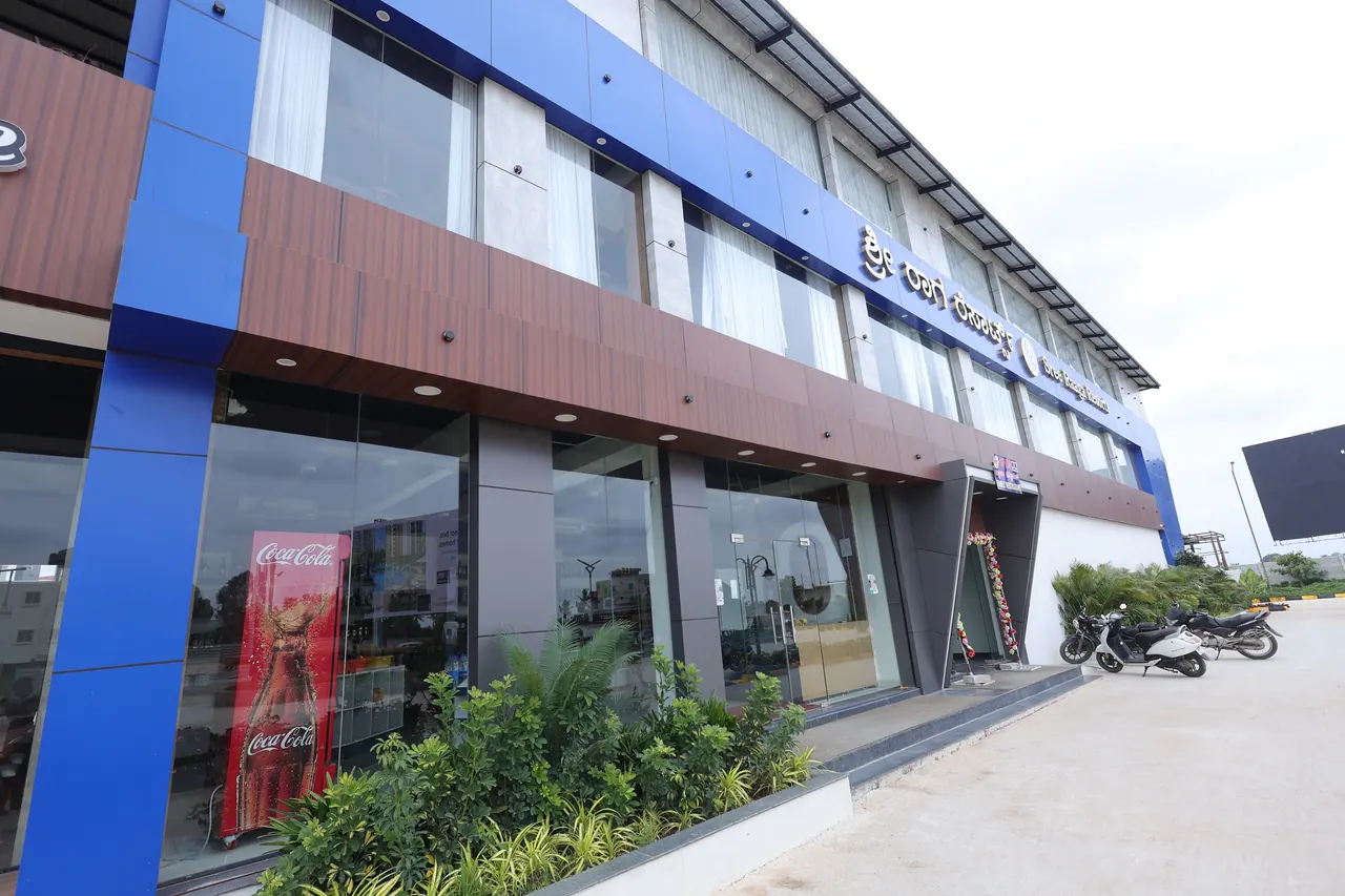 The restaurant block storefront with glass shopfronts at Sree Raaga Resorts