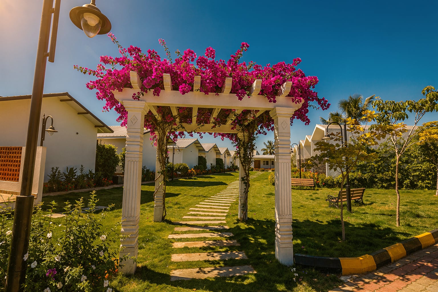 Outdoor seating with modern chair, ottoman, table, and orange drink in a garden with pink flowers.
