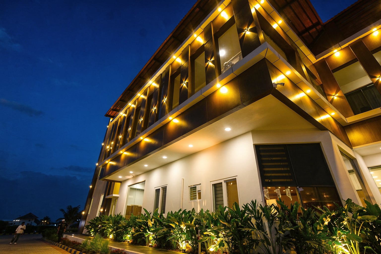Sree Raaga Resorts lit at night