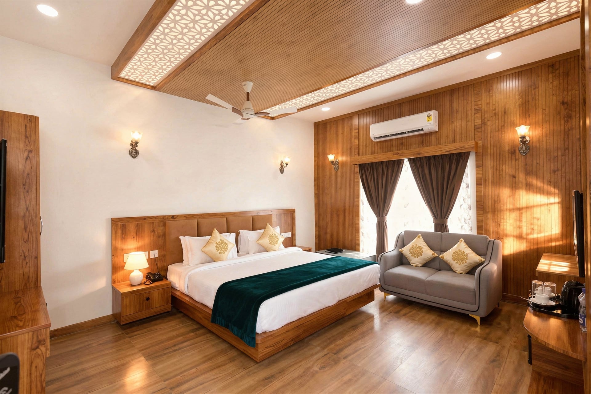 A luxury villa bedroom at Sree Raaga Resorts