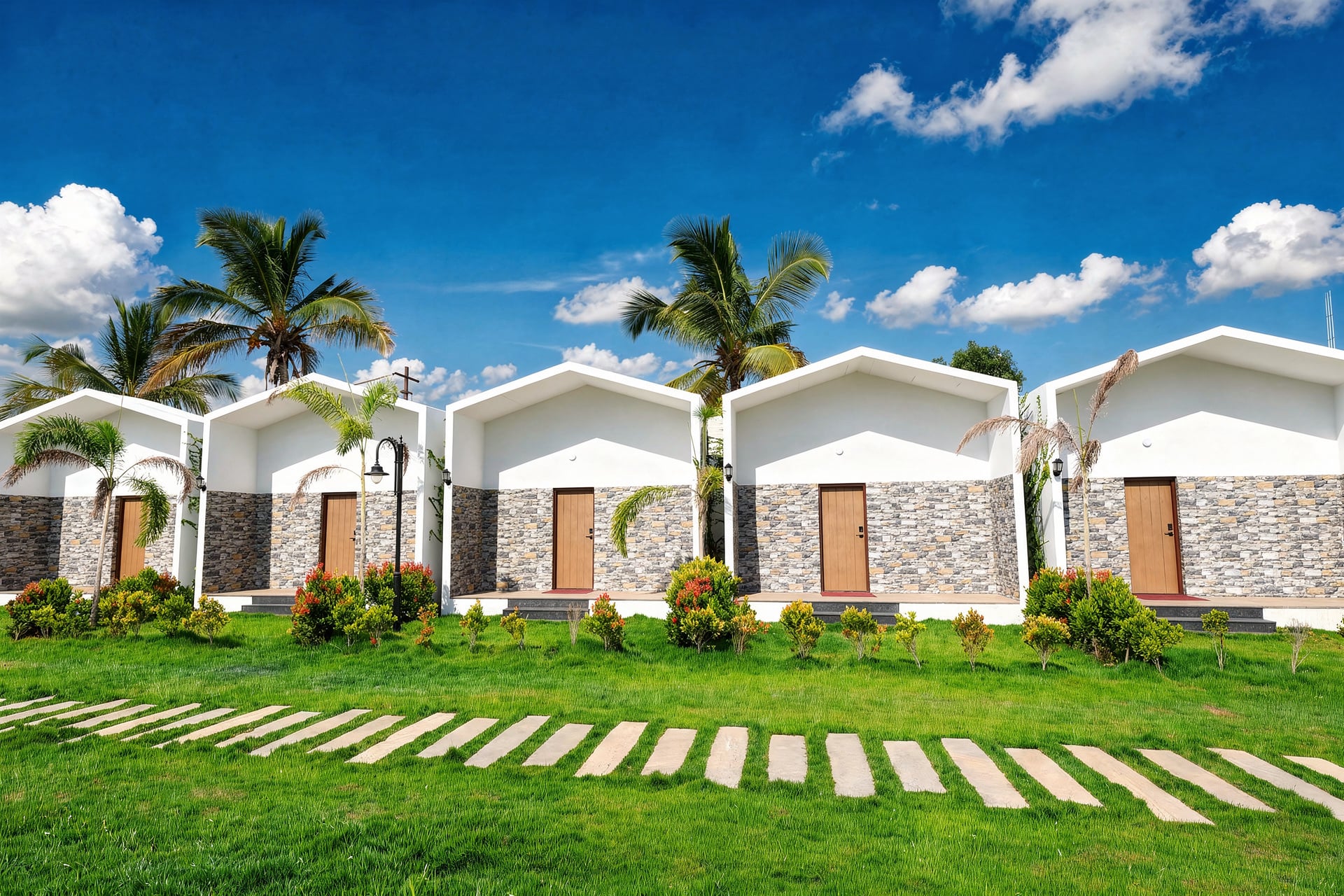 Garden paths between the villas at Sree Raaga Resorts